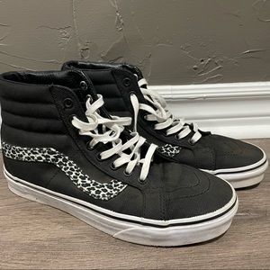 Vans Classic SK8-Hi. Black with leopard print sidestripe. Womens 8.5/Mens 7